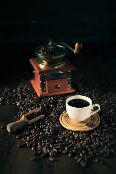 Cup Coffee Beans Wooden Table Homemade Coffee Table Background — Stock Photo, Image