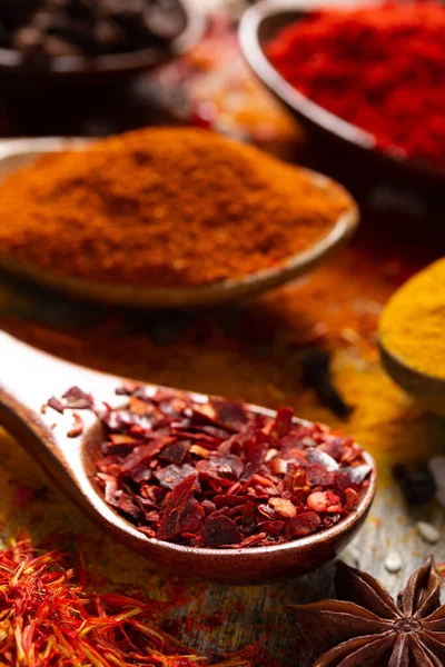 Pepper Spice Mix Spoon Variety Spices Table Background Dried Spice — Stock Photo, Image