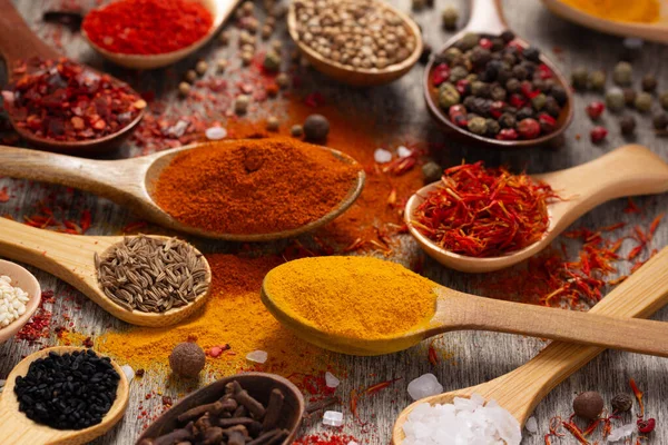 Variety Spices Spoon Table Background Cooking Concept Ingredients Kitchen Table Royalty Free Stock Images