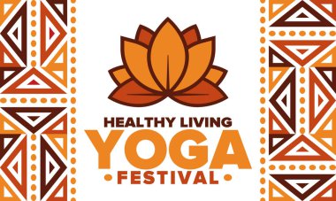 Yoga Festivali. Sağlıklı Yaşam. Kendini keşfetmek ve ahengi bulmak için bir olay. Meditasyonlar, fitness egzersizleri ve zihin ve beden dengesi üzerinde çalışmak. Yoga egzersizi. Lotus çiçeği. Vektör posteri