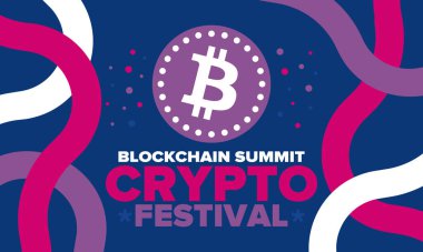Kripto Festivali. Zirveyi engelle. Dijital para ve akıllı internet teknolojisi. Finans, bankacılık ve iş illüstrasyonları. Kripto para madenciliği. Bitcoin logosu. Düz dizayn. Vektör posteri