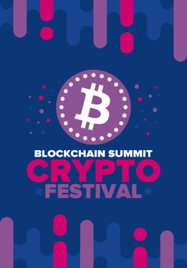 Kripto Festivali. Zirveyi engelle. Dijital para ve akıllı internet teknolojisi. Finans, bankacılık ve iş illüstrasyonları. Kripto para madenciliği. Bitcoin logosu. Düz dizayn. Vektör posteri