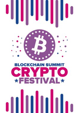 Kripto Festivali. Zirveyi engelle. Dijital para ve akıllı internet teknolojisi. Finans, bankacılık ve iş illüstrasyonları. Kripto para madenciliği. Bitcoin logosu. Düz dizayn. Vektör posteri