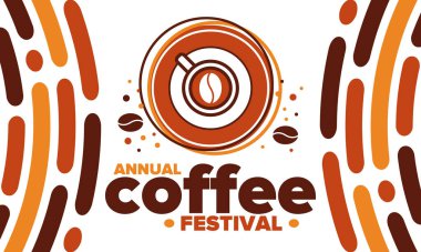 Kahve Festivali. Kahve severler için. Kahve endüstrisindeki profesyoneller için bir etkinlik. Kafeler, restoranlar ve kahve kızartma makineleri. Personel okullarında barmenlik eğitimi. Yaratıcı İllüstrasyon. Vektör