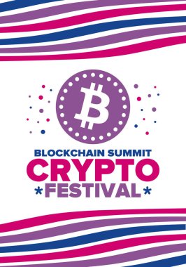 Kripto Festivali. Zirveyi engelle. Dijital para ve akıllı internet teknolojisi. Finans, bankacılık ve iş illüstrasyonları. Kripto para madenciliği. Bitcoin logosu. Düz dizayn. Vektör posteri