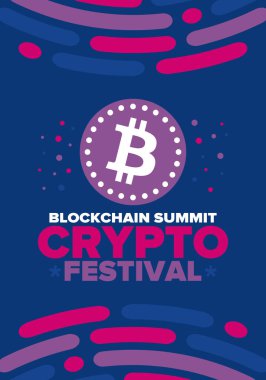 Kripto Festivali. Zirveyi engelle. Dijital para ve akıllı internet teknolojisi. Finans, bankacılık ve iş illüstrasyonları. Kripto para madenciliği. Bitcoin logosu. Düz dizayn. Vektör posteri