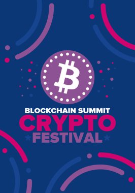 Kripto Festivali. Zirveyi engelle. Dijital para ve akıllı internet teknolojisi. Finans, bankacılık ve iş illüstrasyonları. Kripto para madenciliği. Bitcoin logosu. Düz dizayn. Vektör posteri