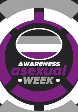 Cinsel Farkındalık Haftası. Bireyleri aseksüeller hakkında eğitmek için uluslararası kampanya. Ekim 'de yıllık kutlama. Cinsel bir renk bayrağı. Poster, kart, afiş ve geçmiş. Vektör illüstrasyonu
