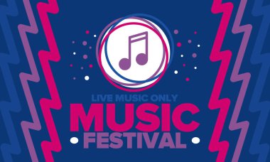 Müzik Festivali. Canlı müzik gösterisi, müzikal performans. Yaz açık hava konseri. Eğlenceli bir etkinlik, tatil rahatlaması. Müzik grupları, birçok sahne ve dans eden mutlu insanlarla dolu büyük bir kalabalık. Gece kulübü partisi. Bayrak tasarımı. Resimli vektör posteri