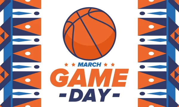 Maç günü. Mart ayında basketbol maçı playoff 'u. Amerika 'da süper spor partisi. Sezon turnuvasının son maçları. Profesyonel takım şampiyonluğu. Basketbol topu. Spor afişi. Vektör
