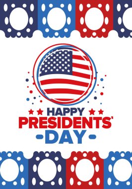 Birleşik Devletler 'de Başkanlık Günün kutlu olsun. Washington 'ın doğum günü. Amerika 'da federal tatil. Şubat 'ta kutlandı. Vatansever Amerikan unsurları. Poster, afiş ve arkaplan. Vektör illüstrasyonu