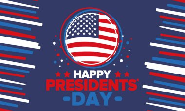 Birleşik Devletler 'de Başkanlık Günün kutlu olsun. Washington 'ın doğum günü. Amerika 'da federal tatil. Şubat 'ta kutlandı. Vatansever Amerikan unsurları. Poster, afiş ve arkaplan. Vektör illüstrasyonu