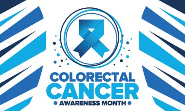 Renkli Kanser Farkındalığı Ayı. Yıllığı Mart 'ta kutlayın. Kontrol ve koruma. Önleme kampanyası. Sağlık hizmeti konsepti. Mavi kurdeleli bir poster. Banner, arka plan. Vektör illüstrasyonu