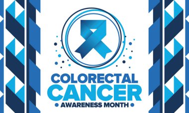 Renkli Kanser Farkındalığı Ayı. Yıllığı Mart 'ta kutlayın. Kontrol ve koruma. Önleme kampanyası. Sağlık hizmeti konsepti. Mavi kurdeleli bir poster. Banner, arka plan. Vektör illüstrasyonu