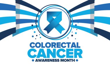 Renkli Kanser Farkındalığı Ayı. Yıllığı Mart 'ta kutlayın. Kontrol ve koruma. Önleme kampanyası. Sağlık hizmeti konsepti. Mavi kurdeleli bir poster. Banner, arka plan. Vektör illüstrasyonu