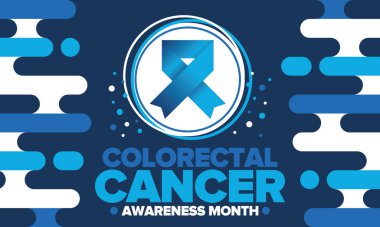 Renkli Kanser Farkındalığı Ayı. Yıllığı Mart 'ta kutlayın. Kontrol ve koruma. Önleme kampanyası. Sağlık hizmeti konsepti. Mavi kurdeleli bir poster. Banner, arka plan. Vektör illüstrasyonu