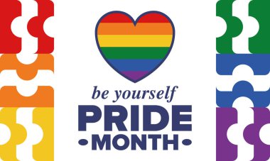 Haziran ayında LGBT Gurur Ayı. Lezbiyen Gey Biseksüel Transseksüel. Yıllık kutlama. LGBT bayrağı. Gökkuşağı aşk konsepti. İnsan hakları ve hoşgörü. Poster, kart, afiş ve geçmiş. Vektör illüstrasyonu