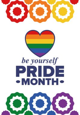 Haziran ayında LGBT Gurur Ayı. Lezbiyen Gey Biseksüel Transseksüel. Yıllık kutlama. LGBT bayrağı. Gökkuşağı aşk konsepti. İnsan hakları ve hoşgörü. Poster, kart, afiş ve geçmiş. Vektör illüstrasyonu