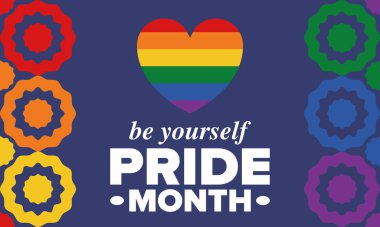 Haziran ayında LGBT Gurur Ayı. Lezbiyen Gey Biseksüel Transseksüel. Yıllık kutlama. LGBT bayrağı. Gökkuşağı aşk konsepti. İnsan hakları ve hoşgörü. Poster, kart, afiş ve geçmiş. Vektör illüstrasyonu