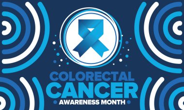 Renkli Kanser Farkındalığı Ayı. Yıllığı Mart 'ta kutlayın. Kontrol ve koruma. Önleme kampanyası. Sağlık hizmeti konsepti. Mavi kurdeleli bir poster. Banner, arka plan. Vektör illüstrasyonu