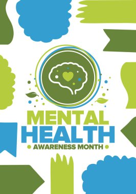 Mayıs 'ta Akıl Sağlığı Bilinci Ayı. Birleşik Devletler 'de yıllık kampanya. Akıl sağlığıyla ilgili farkındalığı arttırıyorum. Kontrol ve koruma. Önleme kampanyası. Tıbbi sağlık hizmeti tasarımı. Vektör illüstrasyonu
