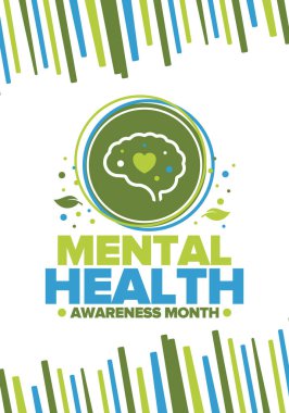 Mayıs 'ta Akıl Sağlığı Bilinci Ayı. Birleşik Devletler 'de yıllık kampanya. Akıl sağlığıyla ilgili farkındalığı arttırıyorum. Kontrol ve koruma. Önleme kampanyası. Tıbbi sağlık hizmeti tasarımı. Vektör illüstrasyonu