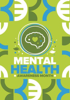 Mayıs 'ta Akıl Sağlığı Bilinci Ayı. Birleşik Devletler 'de yıllık kampanya. Akıl sağlığıyla ilgili farkındalığı arttırıyorum. Kontrol ve koruma. Önleme kampanyası. Tıbbi sağlık hizmeti tasarımı. Vektör illüstrasyonu