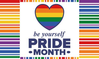 Haziran ayında LGBT Gurur Ayı. Lezbiyen Gey Biseksüel Transseksüel. Yıllık kutlama. LGBT bayrağı. Gökkuşağı aşk konsepti. İnsan hakları ve hoşgörü. Poster, kart, afiş ve geçmiş. Vektör illüstrasyonu