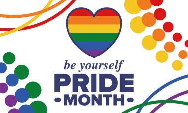 Haziran ayında LGBT Gurur Ayı. Lezbiyen Gey Biseksüel Transseksüel. Yıllık kutlama. LGBT bayrağı. Gökkuşağı aşk konsepti. İnsan hakları ve hoşgörü. Poster, kart, afiş ve geçmiş. Vektör illüstrasyonu