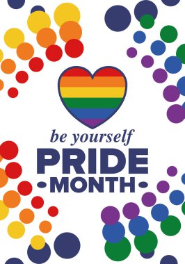 Haziran ayında LGBT Gurur Ayı. Lezbiyen Gey Biseksüel Transseksüel. Yıllık kutlama. LGBT bayrağı. Gökkuşağı aşk konsepti. İnsan hakları ve hoşgörü. Poster, kart, afiş ve geçmiş. Vektör illüstrasyonu