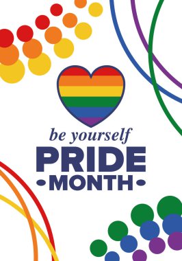 Haziran ayında LGBT Gurur Ayı. Lezbiyen Gey Biseksüel Transseksüel. Yıllık kutlama. LGBT bayrağı. Gökkuşağı aşk konsepti. İnsan hakları ve hoşgörü. Poster, kart, afiş ve geçmiş. Vektör illüstrasyonu