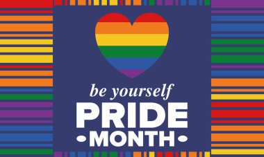 Haziran ayında LGBT Gurur Ayı. Lezbiyen Gey Biseksüel Transseksüel. Yıllık kutlama. LGBT bayrağı. Gökkuşağı aşk konsepti. İnsan hakları ve hoşgörü. Poster, kart, afiş ve geçmiş. Vektör illüstrasyonu