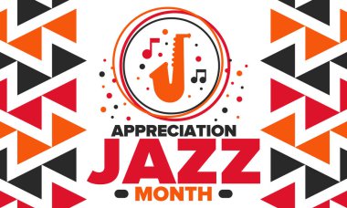 Nisan 'da Caz Takdir Ayı. Amerika 'da cazın tanındığı ay. Müzik festivalleri, etkinlikler, konserler. Poster, kart, afiş ve geçmiş. Vektör illüstrasyonu