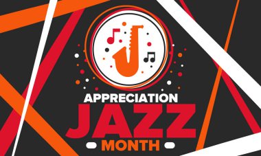 Nisan 'da Caz Takdir Ayı. Amerika 'da cazın tanındığı ay. Müzik festivalleri, etkinlikler, konserler. Poster, kart, afiş ve geçmiş. Vektör illüstrasyonu