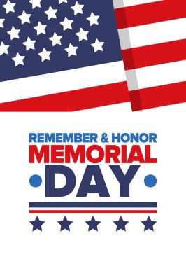 Amerika 'da Anma Günü. Unutma ve onurlandır. Birleşik Devletler Silahlı Kuvvetleri 'nde görev yaparken ölen insanları hatırlamak ve onurlandırmak için federal bayram. Mayıs 'ta kutlandı. Vektör posteri