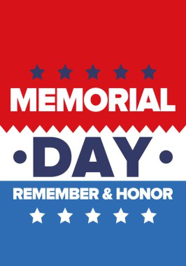 Amerika 'da Anma Günü. Unutma ve onurlandır. Birleşik Devletler Silahlı Kuvvetleri 'nde görev yaparken ölen insanları hatırlamak ve onurlandırmak için federal bayram. Mayıs 'ta kutlandı. Vektör posteri