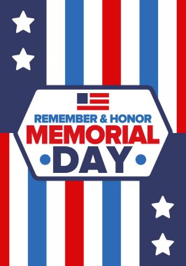 Amerika 'da Anma Günü. Unutma ve onurlandır. Birleşik Devletler Silahlı Kuvvetleri 'nde görev yaparken ölen insanları hatırlamak ve onurlandırmak için federal bayram. Mayıs 'ta kutlandı. Vektör posteri