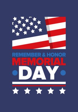 Amerika 'da Anma Günü. Unutma ve onurlandır. Birleşik Devletler Silahlı Kuvvetleri 'nde görev yaparken ölen insanları hatırlamak ve onurlandırmak için federal bayram. Mayıs 'ta kutlandı. Vektör posteri