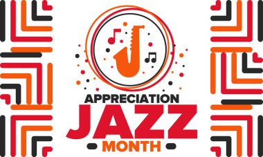 Nisan 'da Caz Takdir Ayı. Amerika 'da cazın tanındığı ay. Müzik festivalleri, etkinlikler, konserler. Poster, kart, afiş ve geçmiş. Vektör illüstrasyonu