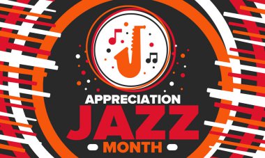 Nisan 'da Caz Takdir Ayı. Amerika 'da cazın tanındığı ay. Müzik festivalleri, etkinlikler, konserler. Poster, kart, afiş ve geçmiş. Vektör illüstrasyonu