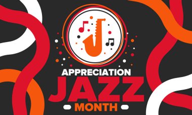 Nisan 'da Caz Takdir Ayı. Amerika 'da cazın tanındığı ay. Müzik festivalleri, etkinlikler, konserler. Poster, kart, afiş ve geçmiş. Vektör illüstrasyonu