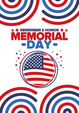 Amerika 'da Anma Günü. Unutma ve onurlandır. Birleşik Devletler Silahlı Kuvvetleri 'nde görev yaparken ölen insanları hatırlamak ve onurlandırmak için federal bayram. Mayıs 'ta kutlandı. Vektör posteri