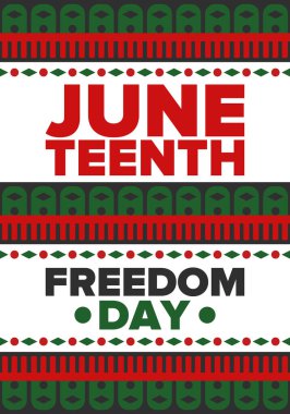 Haziran Bağımsızlık Günü 'nde. Özgürlük ya da Özgürlük Günü. Yıllık Amerikan bayramı, 19 Haziran 'da kutlandı. Afro-Amerikan tarihi ve mirası. Poster, tebrik kartı, afiş ve geçmiş. Vektör