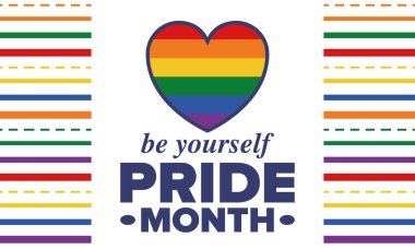 Haziran ayında LGBT Gurur Ayı. Lezbiyen Gey Biseksüel Transseksüel. Yıllık kutlama. LGBT bayrağı. Gökkuşağı aşk konsepti. İnsan hakları ve hoşgörü. Poster, kart, afiş ve geçmiş. Vektör illüstrasyonu