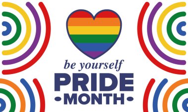 Haziran ayında LGBT Gurur Ayı. Lezbiyen Gey Biseksüel Transseksüel. Yıllık kutlama. LGBT bayrağı. Gökkuşağı aşk konsepti. İnsan hakları ve hoşgörü. Poster, kart, afiş ve geçmiş. Vektör illüstrasyonu