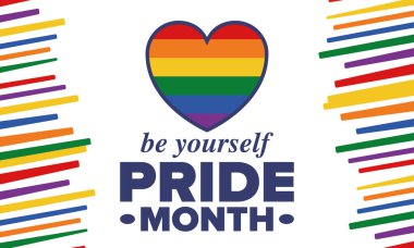 Haziran ayında LGBT Gurur Ayı. Lezbiyen Gey Biseksüel Transseksüel. Yıllık kutlama. LGBT bayrağı. Gökkuşağı aşk konsepti. İnsan hakları ve hoşgörü. Poster, kart, afiş ve geçmiş. Vektör illüstrasyonu