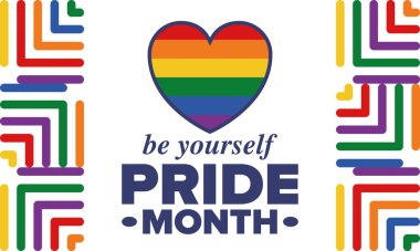 Haziran ayında LGBT Gurur Ayı. Lezbiyen Gey Biseksüel Transseksüel. Yıllık kutlama. LGBT bayrağı. Gökkuşağı aşk konsepti. İnsan hakları ve hoşgörü. Poster, kart, afiş ve geçmiş. Vektör illüstrasyonu