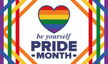 Haziran ayında LGBT Gurur Ayı. Lezbiyen Gey Biseksüel Transseksüel. Yıllık kutlama. LGBT bayrağı. Gökkuşağı aşk konsepti. İnsan hakları ve hoşgörü. Poster, kart, afiş ve geçmiş. Vektör illüstrasyonu