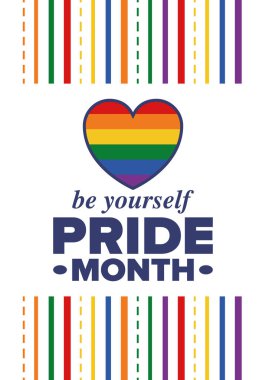 Haziran ayında LGBT Gurur Ayı. Lezbiyen Gey Biseksüel Transseksüel. Yıllık kutlama. LGBT bayrağı. Gökkuşağı aşk konsepti. İnsan hakları ve hoşgörü. Poster, kart, afiş ve geçmiş. Vektör illüstrasyonu