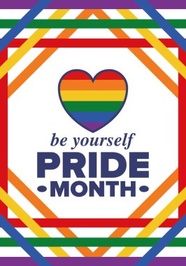 Haziran ayında LGBT Gurur Ayı. Lezbiyen Gey Biseksüel Transseksüel. Yıllık kutlama. LGBT bayrağı. Gökkuşağı aşk konsepti. İnsan hakları ve hoşgörü. Poster, kart, afiş ve geçmiş. Vektör illüstrasyonu